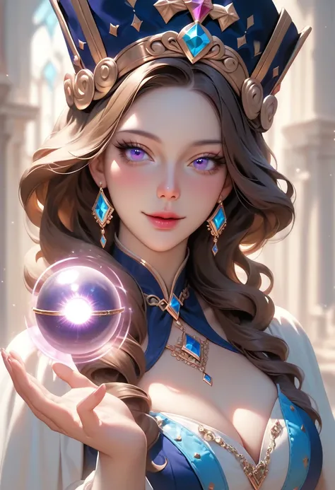 tmasterpiece，high resolution，((Magic Orb))，Dynamic bust of the beautiful aristocratic maiden，Elegantly Curled Chestnut Brown Hair，（(Wearing a huge blue hat))，purple clear Eyes，The hair is covered with a beautiful and delicate floral craftsmanship, crystal ...