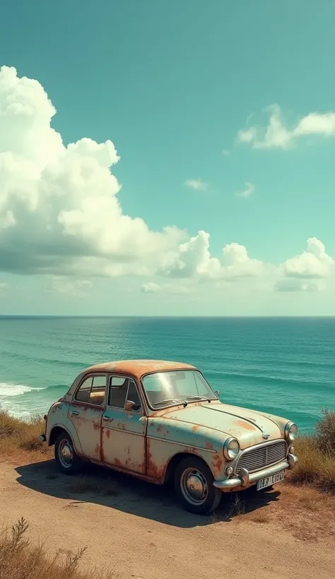 An old car was parked while looking at the ocean with clouds without any people.  