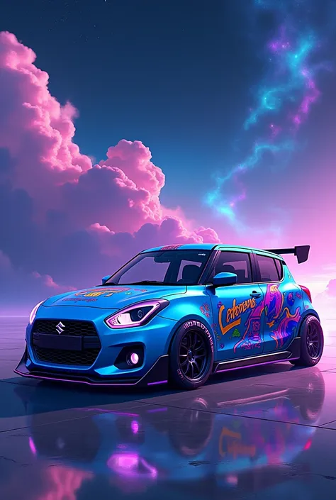 Maruti suzuki swift with body kit skyblue anime galaxy theme black shining with spoiler and 18inch tires and ground clearance sky blue and purple colour RGB light 