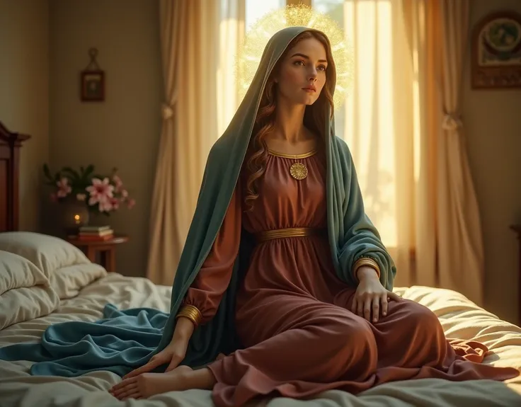 ((Photorealistic)), ((Highest quality, masterpiece, Full of details)), Beautiful Virgin Mary, slim, Reddish brown tunic, Beautiful feet, Blue cloak, Veil, She bends down and looks sweetly into the camera, ((Golden aura)), Morning bedroom, Ultra HD