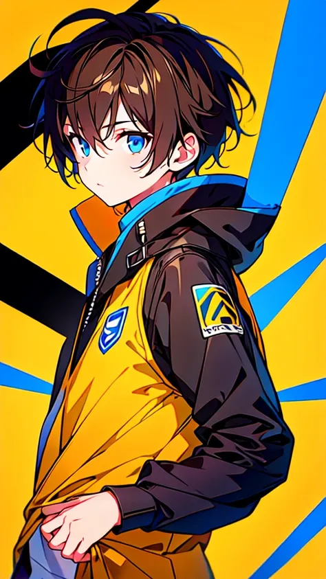 [(YELLOW BACKGROUND:1.5),::5], ((((masterpiece)))), high quality, ultra very high resolution, full color, (((solo))), ((little boy)), ((mens short brown hair)), (Blue eyes), anime, ((upper body)), Summer clothes, black parka, Jersey Club