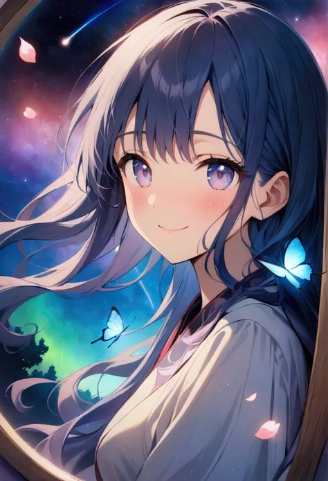 ((masterpiece:1.4)), (Highest quality), (Very detailed), Anime Style, One girl, [Blue Hair, Long Hair, Note, shooting star, space, Milky Way, Aurora, Seven-colored light, Red Rose, Purple Rose, White Rose, Close-up of face, butterfly, constellation, Girl r...