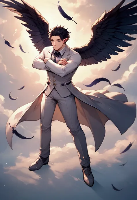 score_9, score_8_up, score_7_up, highres, male, male body,mature features , black hair, short hair,slick hair,black eyes, white suit , raven feathers on arms ,wings ) pointed ears, full body
