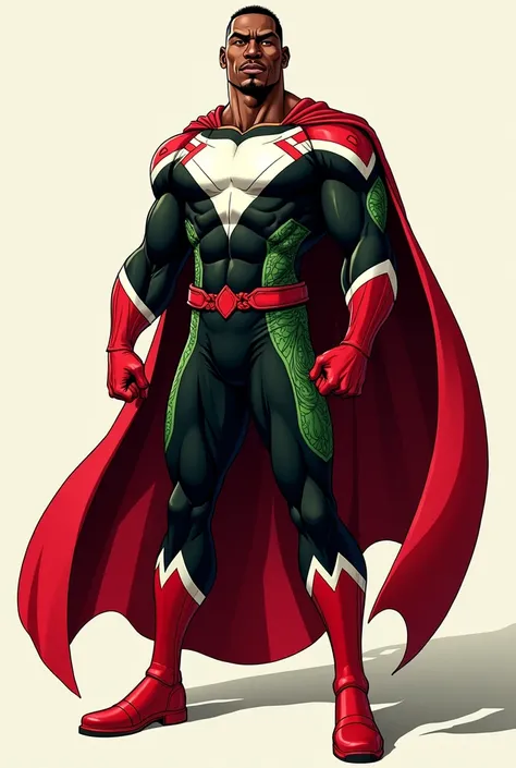 A  comic styled black African well built male, wearing a full body, tight fitting bodysuit superhero costume with black, white red and green colors respectively from the neck all down to his feet with red boots, red cape, with green inner colouring 