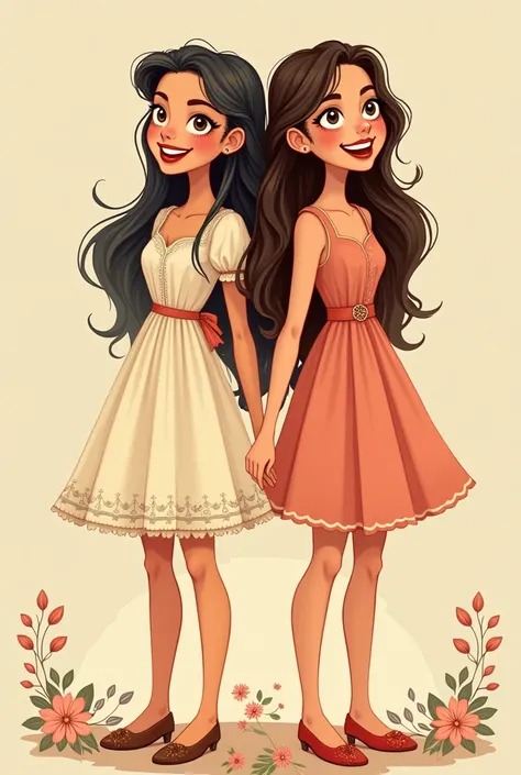 Make a vintage picture of two women who are friends and one of them is getting married, They have to be back to back, she&#39;s going to be her maid of honor so they have to look happy for a maid of honor invitation and the friend has to have long, cute ha...