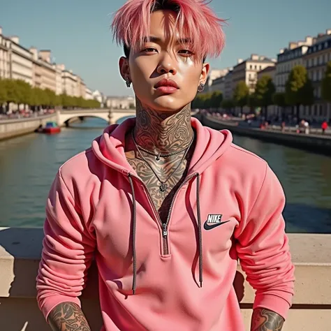 Photo full image in 8HD realistic effect effect, of a beautiful Korean man with fair skin with short medium pink hair in front of his eyes wet curly tattooed on his body with bright tattoos and rings on his hands,with lip piercing l, with earrings, wearing...