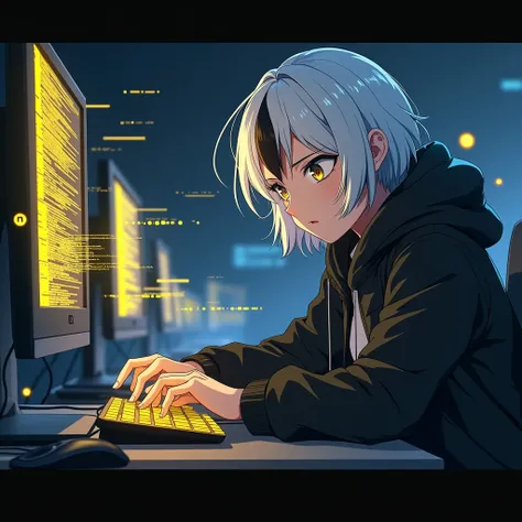 make a hack using a computer. He must have white hair with black highlights. The ones on the screen should be yellow. anime styling