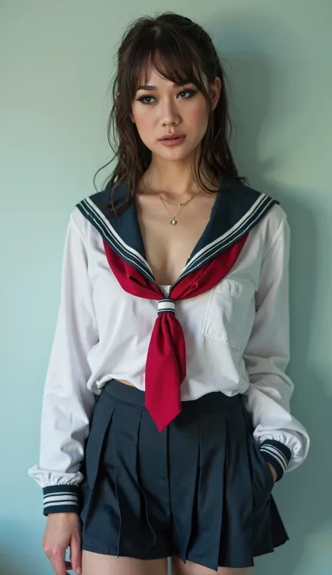 A school boy wearing a high school uniform and soaking wet, posing naughty and sexy with a simple background. Her open uniform shows her big and beautiful breasts., realistic photos and 4k image quality