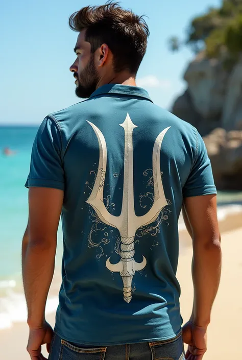 A shirt with a trident on the back 