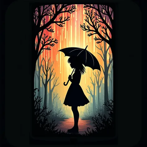 (Silhouette art,cutouts:1.6)
(((paper cut art,A world where there is only black:1.3)

(cowboy shot),1 girl,standing alone,
(girl with umbrella,perfil:1.2),

break
(colorful rain)
Textured glass background,Tarot Card Atmosphere