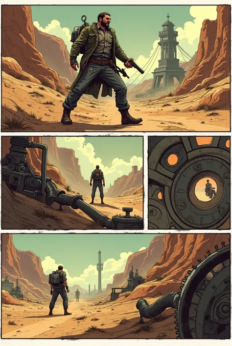 Comic book page divided into 5 frames, the first in plangee and the rest different with several scenes where the setting is steampunk and apocalyptic and desert with the previous character and continues generating with different angles and cinematic shots ...