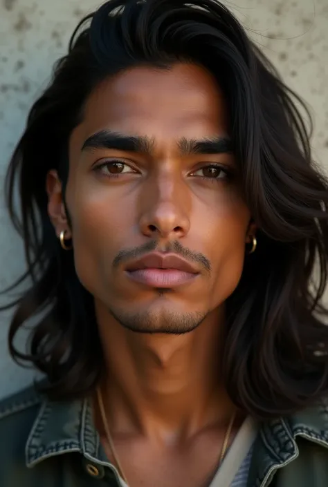  triangular face symmetry V, symmetry of the middle nose, Long hair, slightly slanted brown eyes, thick lips, skin color dark-skinned, Neutral facial expression, casual background, age range 17-20 years, latin man 