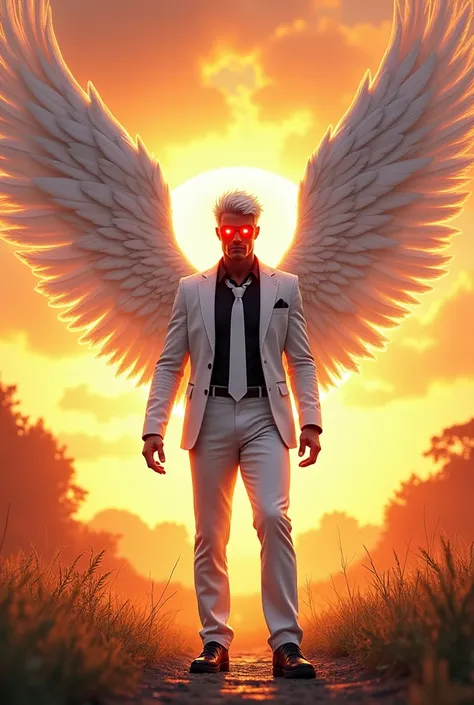 Comic styled 
An extremely well built white male with white dyed hair and trimmed on the sides, standing in a sunrise, by the countyside, wearing a white suit, black shirt and white tie, with huge white eagle wings spread out and red glowing eyes 