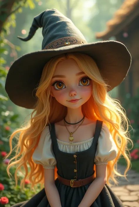 A cute young witch with bright blonde hair and brown eyes.
