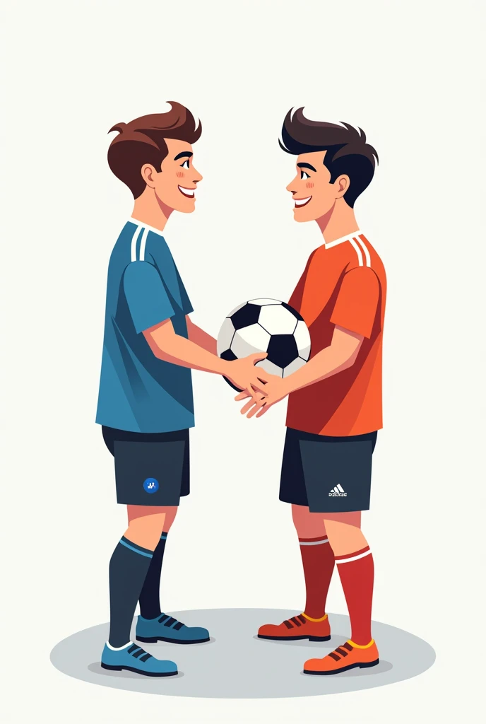 Generate a soccer logo that shows 2 players shaking hands while one of those 2 players holds a ball in his arms