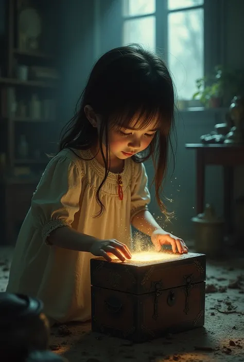 A  girl enters in a old room filled with there grandmothers thinks there she find a mystery box