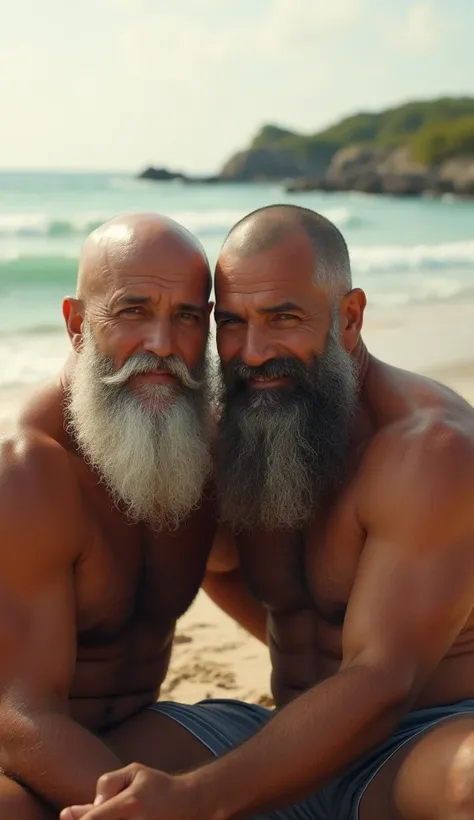 Mature and middle-aged men with long beards and shaved heads spending summer time on the beach　They&#39;re both Oriental, gay and have a lot of chest hair.