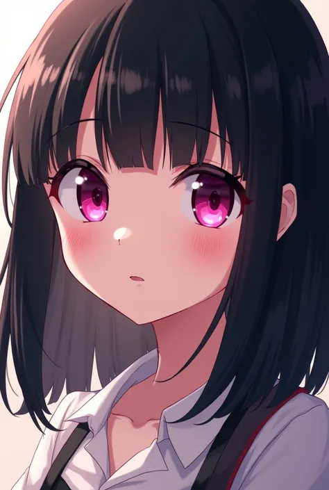 boku no hero character, , medium length straight black hair, pink eyes, skin fair, cute and sexy features