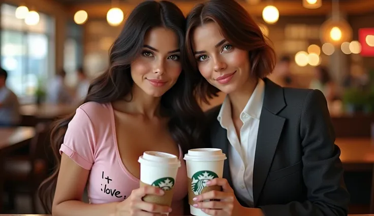 2 beautiful women, Colombian and Argentine, pale skin, one in light pink "I LOVE" top with neckline, other in office suit with a white button-down shirt, , smile, They are both looking at the camera, their skin is pale,One has long hair , One has brown hai...