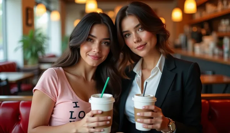 2 beautiful women, Colombian and Argentine, pale skin, one in light pink "I LOVE" top with neckline, other in office suit with a white button-down shirt, , smile, They are both looking at the camera, their skin is pale,One has long hair , One has brown hai...