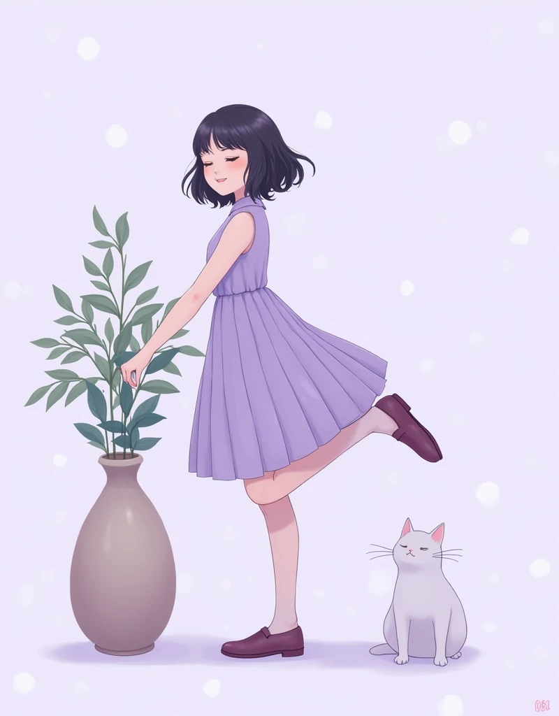 A serene, stylized digital illustration of a [young] woman with short dark hair, wearing a pleated dress in a [light purple] shade. She is standing gracefully on one foot with her other leg lifted slightly behind, eyes closed as though enjoying a gentle br...