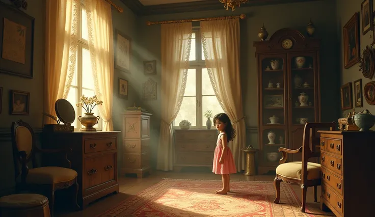 A  girl enters in a old room filled with there grandmothers things 