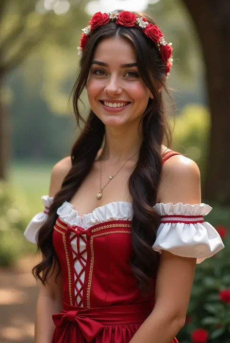 Realistic upper body portrait of a young italian black haired woman aged 23 with long hair, pony tail, hairband, smile. She poses in front of the camera in a short red off shoulder Satindirndl with a satin apron..., oktoberfest, natural fotoshooting, celeb...