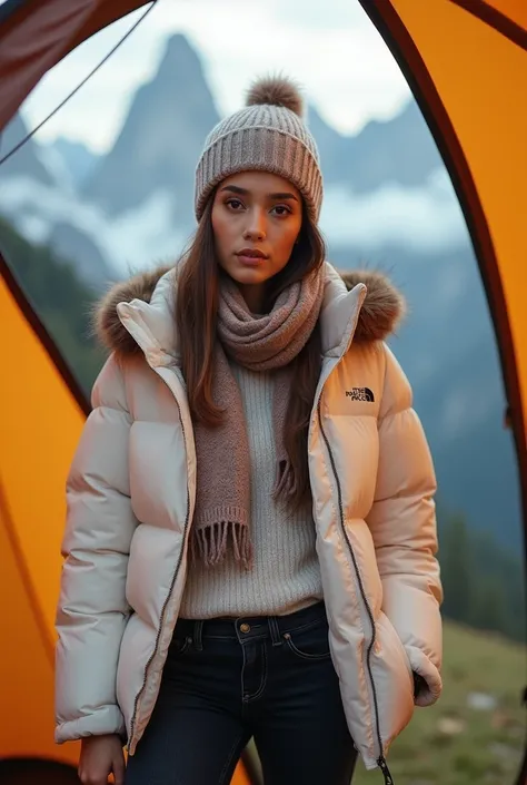 A photo of a beautiful Indonesian woman, wearing a hijab pashmina, wearing a white thick The North Face jacket, a white knitted hat, and a black jeans trouser. looking at the camera. She is standing in a tent, with the majestic Dolomit mountain peaks and a...