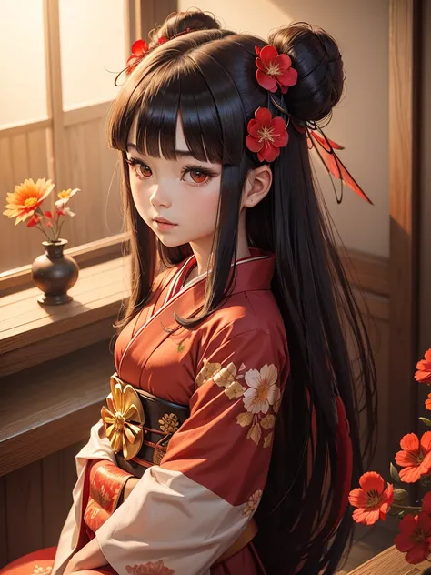 Red kimono,Wasp-wing ears,girl,flower on head, Hime cut, Long Hair, Character portrait, Bangs, 