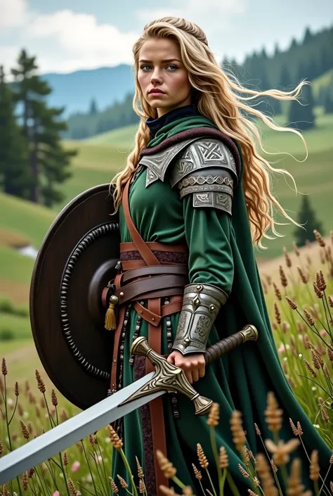 blonde woman in medieval dress holding a shield and shield in a field, viking feminino, teen viking shieldmaiden, Norse goddess, traje viking, wearing Nordic armor, Cultura viking, Katherine Winnick, wearing viking clothes, beautiful nordic woman, nordic w...