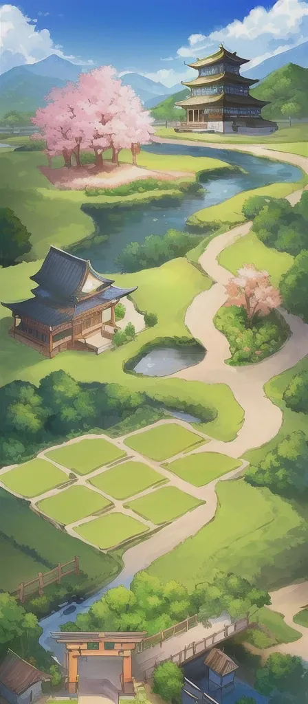 A Japanese landscape painting，The painting shows a pagoda and a river, background technology, Animated countryside landscape, mobile Game Background, background technologywork, anime background technology, Game Background, Distant village background, Farm ...