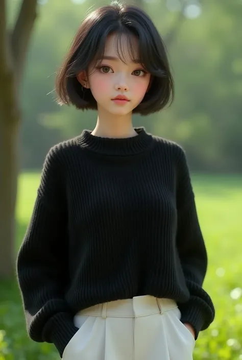 (photorealism:1.2), beautiful girl, short hair, white pants, black sweater, outdoor, realistic.