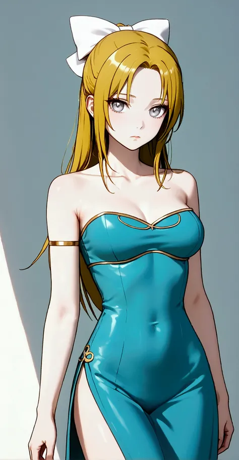 masterpiece, best quality, highres, absurdres, smooth hair, long hair, hair tied at the neck, gold hair, forehead exposure, expressionless, silver eyes, sharp eyes, fair skin, medium breasts, slim figure, white ribbons, aqua dress, strapless dress, collarb...