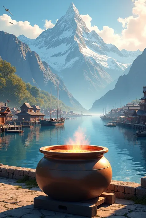 Make a picture where there are some mountains in the background., and you see a port with a jar of hot oil 