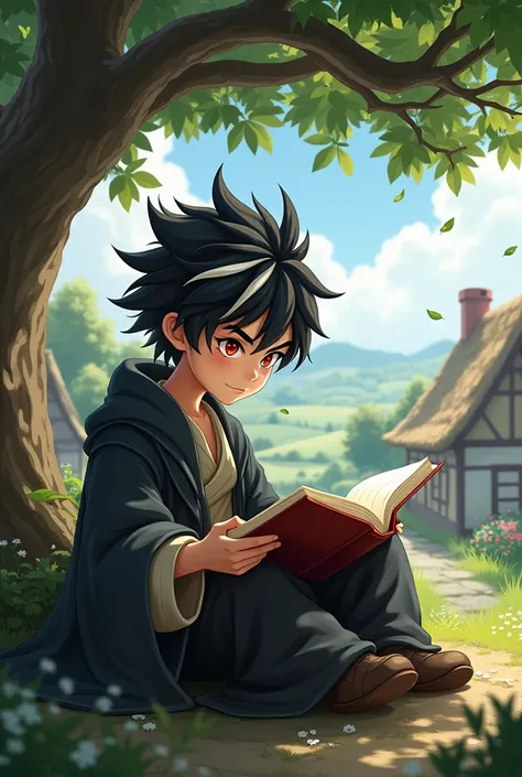 A boy reading under a tree, In the background, the landscape of a village.
He has black hair with white streaks., large red eyes. He is dressed like a wizard