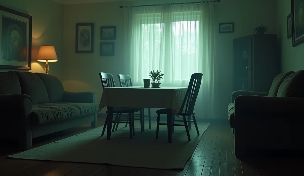 Table and chairs in the living room that move by themselves, it looks as if something invisible is pushing him. Horror atmosphere