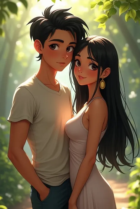 Make a  teenage boy with with the average height who is little brown skin and handsome plus having really beautiful eyes showing his chance to his face has black hair and the Ora Ora standing against beside a beautiful girl with Hip Hip length hairs black ...