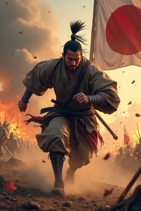 A warrior sprinting through the battlefield。He was a warrior in the Sengoku period of Japan.、Covered in sweat and dirt、Firmly gripping the spear or sword、Charging with all his might。Behind me, a burning battlefield spreads out.、Fire and smoke fill the sky、...