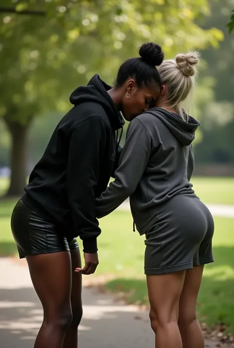 black woman hair in a bun black hoodie black leather short shorts bending over getting fucked in the ass by a old ugly woman in a dress in a park
