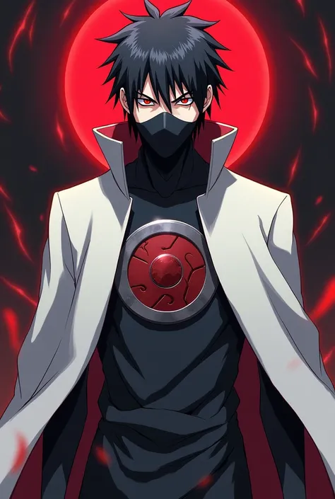 Sizui Uchiha with black hair and red eyes he wears an Akatzuki mask and the new Akatzuki coat in white with the new emblem in red metallic style anime very elaborately drawn very beautiful and detailed 