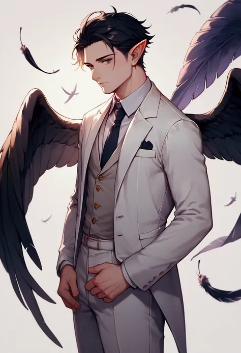 score_9, score_8_up, score_7_up, highres, male, male body,mature features , black hair, short hair,slick hair, black eyes, white suit , raven feathers on arms ,raven wings,  pointed ears, full body
