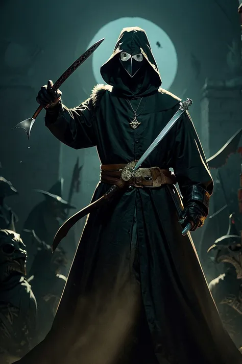 A plague doctor in a creepy bird plague mask stands holding a sword showing his shadow in the dark。Horror。