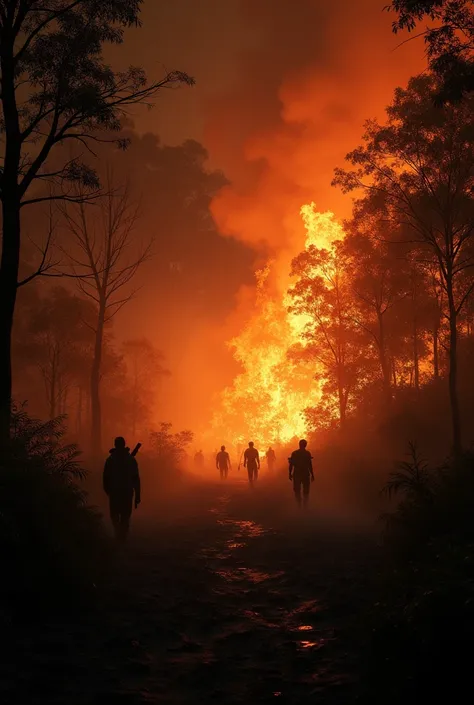 A vision of burned jungle and forest. Where you can see the silhouettes of some people trying to put out the flames. With a black night background