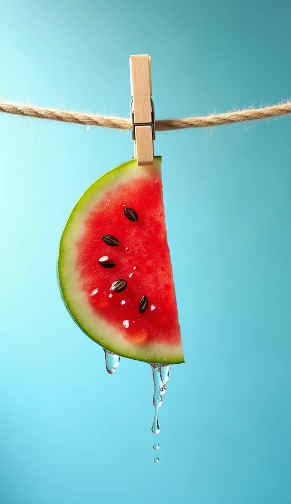 a half-moon slice of watermelon dripping juice hanging, on top of a clothespin hanging from a string, on a blue background, in the style of food photography, high resolution