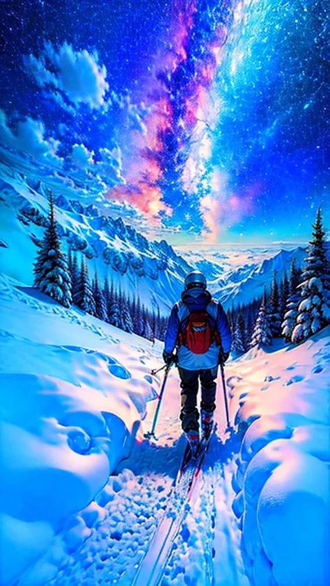 Skiing, high resolution, back view, skiing, in space, fantastic