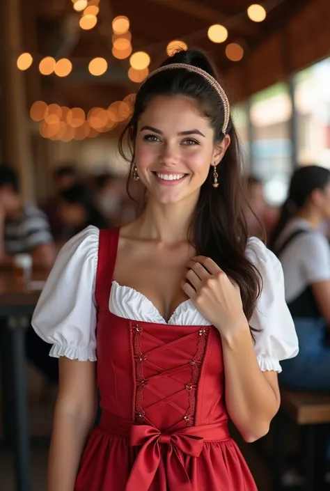 Realistic upper body portrait of a young italian black haired woman aged 23 with long hair, pony tail, hairband, smile. She poses in front of the camera in a short red off shoulder Satindirndl with a satin apron..., oktoberfest,  fotoshooting, celebration,...