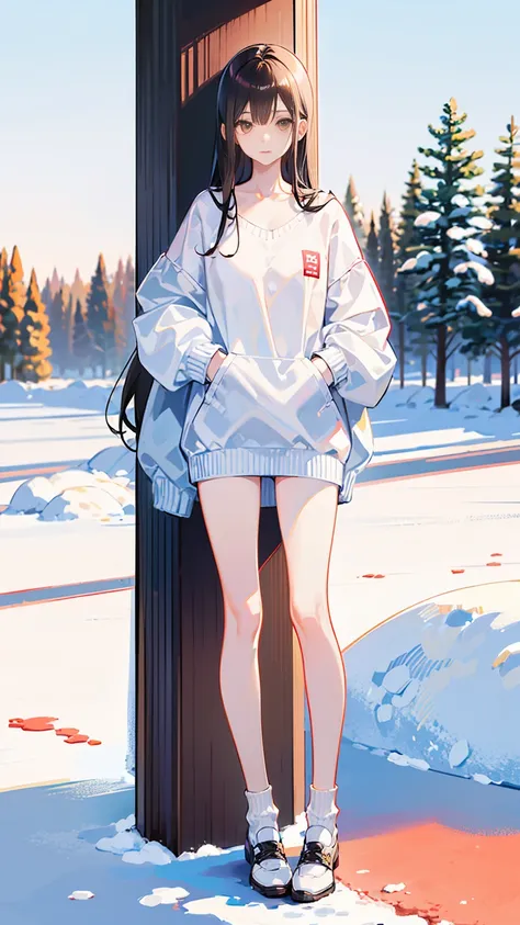 a girl,fourteen years old ,brown long hair,white skin,wearing an oversized sweater,white mini short pants,sport white socks,very thin legs,baring protruding collarbone,skinny legs:1.6,slim,skinny, in the snow