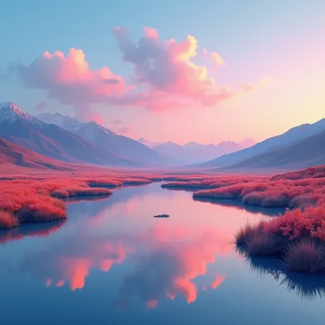 A mirrored landscape with a sky in colorful gradient, there are mountains in the distance with colorful gradient in their vegetation