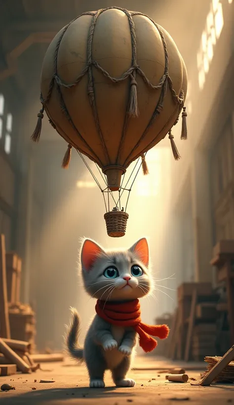 create a realistic picture,In an old warehouse full of dust and sunlight filtering through the cracked windows, Nimbus, a fluffy gray kitten, finds an old hot air balloon. Her big blue eyes shone with excitement, and the red scarf she always wore fluttered...