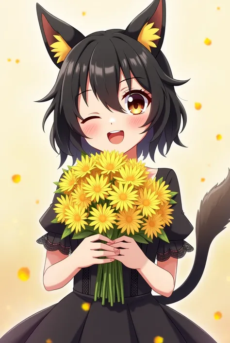 Generates an image of Kuromi smiling in her dress and with a bouquet of yellow flowers